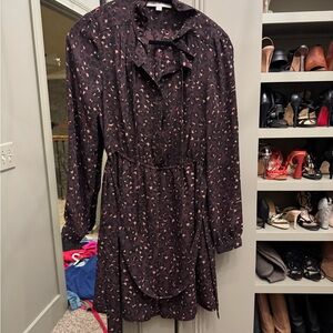 Ann Taylor Plum Long-Sleeve Ruffle Neck Shirt Dress with Pink Accents